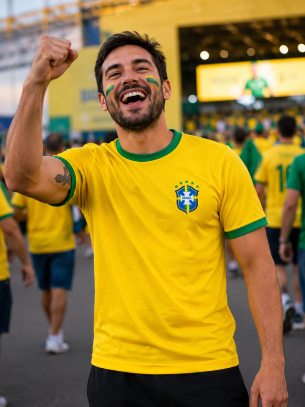 Camiseta Brasil Copa 2026 Algodão Amarela com gola e punho verde + emblema DTF