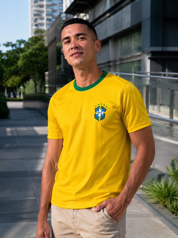 Camiseta Brasil Copa 2026 Dryfit Polidry Amarela com gola verde + emblema DTF